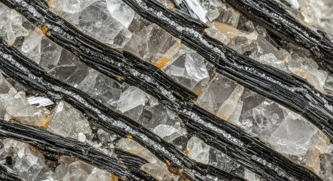 Close-up of a mineral with black streaks and crystals.