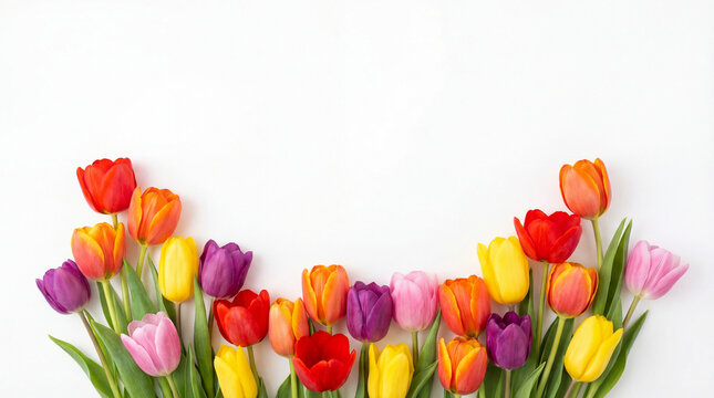 Top down view flat lay of colorful tulips arranged at the bottom of a clean white background. Minimalist spring floral composition with space for text.