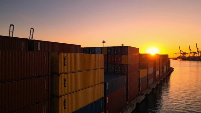 A large cargo ship loaded with numerous shipping containers sails on calm water during a vibrant sunset, with port cranes visible in the distance.