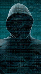 Computer hacker in mask and hoodie over abstract binary background. Obscured dark face. Data thief, internet fraud, darknet and cyber security.