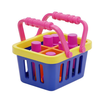 A blue and yellow plastic basket with pink objects inside isolated on transparent background