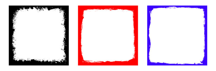 Obraz premium Three textured square frames featuring black red and blue colors with hand drawn painted style on transparent background
