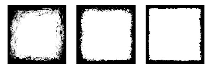 Set of three black grunge square borders with unique heavy textures and splattered edges on transparent grid background