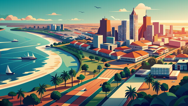 Very beautiful aerial perspective of Cotonou highlighting shoreline, roads, and city structure, ideal for travel, editorial, and urban development visuals.