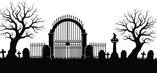 Haunted cemetery silhouette with iron gate and tombstones, spooky graveyard landscape illustration, gothic horror scene isolated on white background