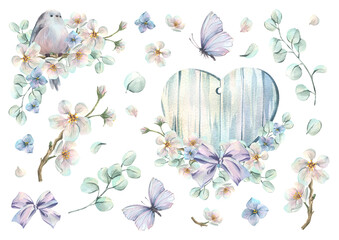 A wooden heart and titmice with apple blossoms and butterflies in delicate pastel colors. Hand-drawn watercolor illustration. Sticker pack, a set of design elements for spring holidays and weddings. © NATASHA-CHU