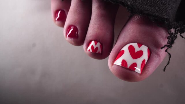 Trendy Pedicure. Red heart pattern and purple marble nail polish.