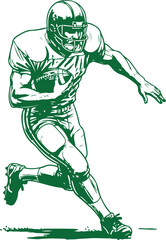 A green monochrome illustration of an american football player in action, running with the ball. Vector, illustration
