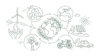 Eco-Friendly Cycle: This illustration encapsulates a holistic approach to sustainable living. Central to the composition is the Earth.
