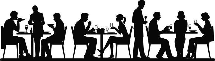 Silhouette of people dining in restaurant, waiter serving drinks and food, social dinner party concept, cafe and hospitality scene illustration isolated on white background.