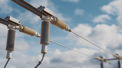 Obraz premium A close-up view of high voltage insulators on a transmission line, showcasing their design and function in preventing electrical leaks, is essential for maintaining safety and efficiency in