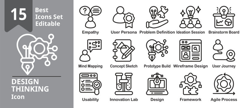 Design Thinking icon set. Contains ideation, brainstorming, prototyping, user research, testing, problem solving, and innovation workflow. Editable outline vector illustration.