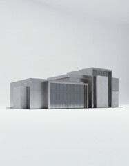 Ultra-realistic 3D architectural render of a modern industrial building isolated on white background