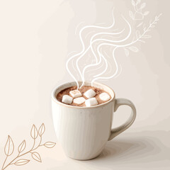 A cozy cup of hot cocoa with steaming whipped cream on a calm day.