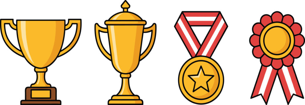 Award and achievement vector set with golden trophy cups winner medal with star and red ribbon rosette isolated on white.