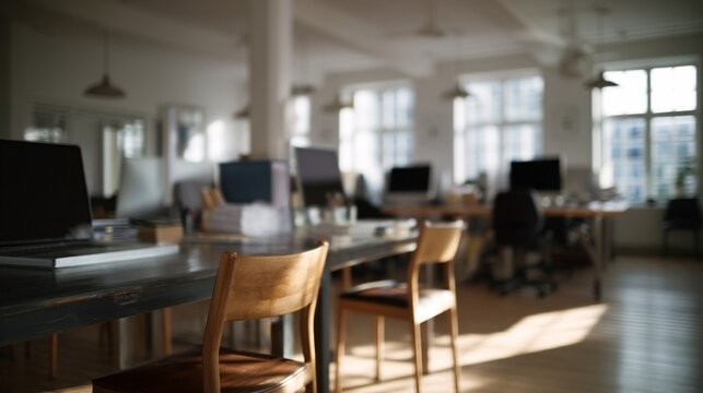 Empty modern coworking office with desks and laptops in morning sunlight, calm quiet workspace mood, ideal for remote work business planning and back to school season