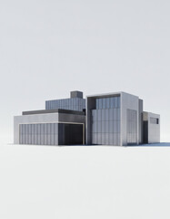 Ultra-realistic 3D architectural render of a modern industrial building isolated on white background