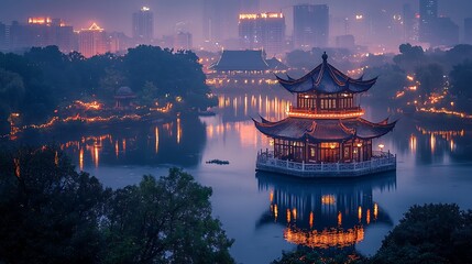 Obraz premium Traditional Chinese pavilion illuminated at night on a calm lake with city skyline reflections