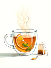 A steaming cup of herbal tea with a tea bag and a teabag sachet on a saucer