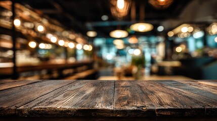Fototapeta premium Empty wooden table top with blurred cafe or restaurant interior background