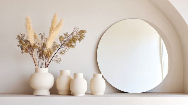 A minimalist entryway console table. A collection of ceramic handmade vases in different heights, a single branch of pampas grass, a large round mirror