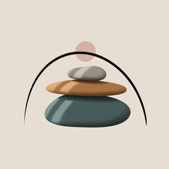 Creative illustration of stacked stones balanced on a curved surface with a small ball on top