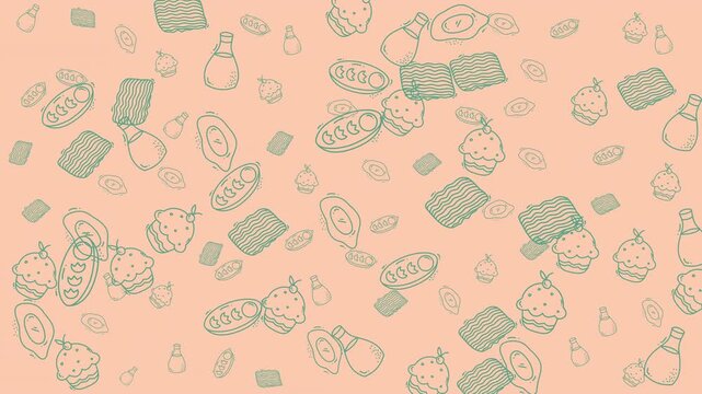 Food doodle avocado sauce cupcake bread foodthemed background pattern illustration suitable for food packaging design or culinary blogs.