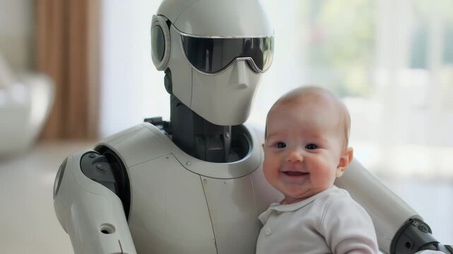 Smiling baby resting against humanoid robot in bright modern home