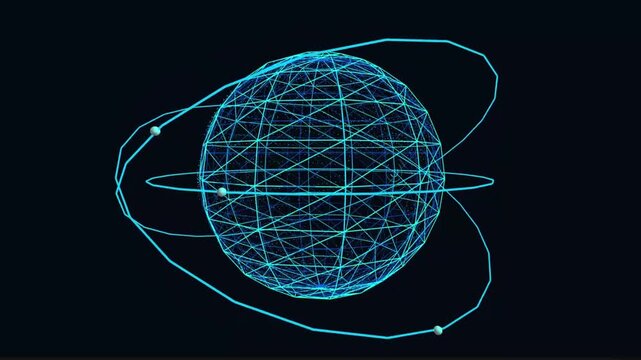 A 3D wireframe globe with orbiting paths viewed from a futuristic perspective