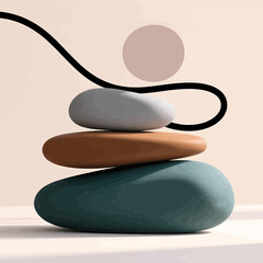 Balanced stones with a flowing ribbon creating a harmonious composition.
