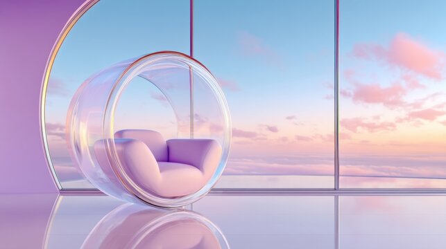 Futuristic minimalist room with a transparent inflatable sofa on a highly reflective mirror floor. Large circular window with a view of a violet sunset