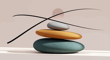 Balancing doughnut and stones on a curved wire in a minimalist composition