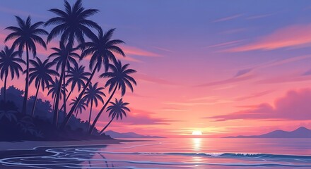 Stylized sunset over a tropical beach with palm trees, water, and island silhouettes