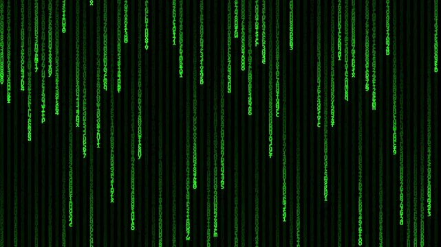 Matrix code black and green background with digits and characters moving on screen, Concept of digital age. Algorithm binary, hexadecimal, hud interface, data code, decryption and encoding rainning
