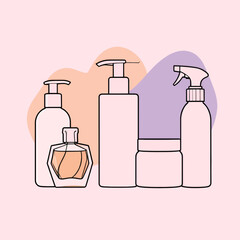 Illustrated set of four personal hygiene and cleaning spray bottles arranged neatly.