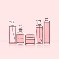 Set of five different skincare bottles arranged in a row on a flat surface