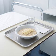 Easy-to-digest breakfast with porridge and banana slices, clinical style