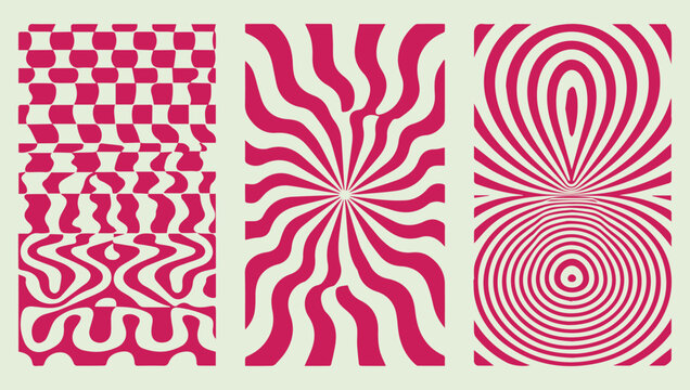 Abstract pink patterns checkerboard wavy lines and hypnotic spiral designs