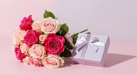 Roses bouquet in gift box with ribbon on pink surface