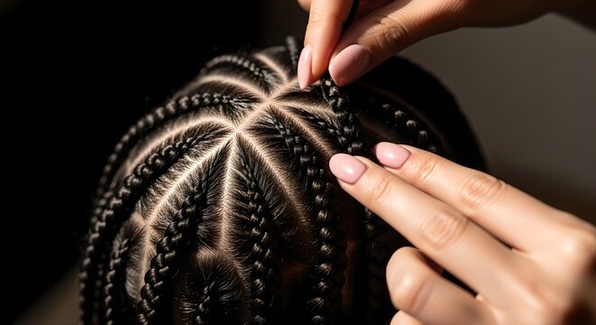 Closeup of hands braiding intricate cornrows on dark hair.
