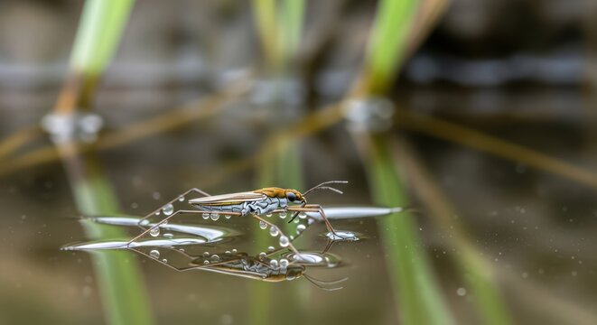 Water strider rests on the water surface,  a pond skater, macro