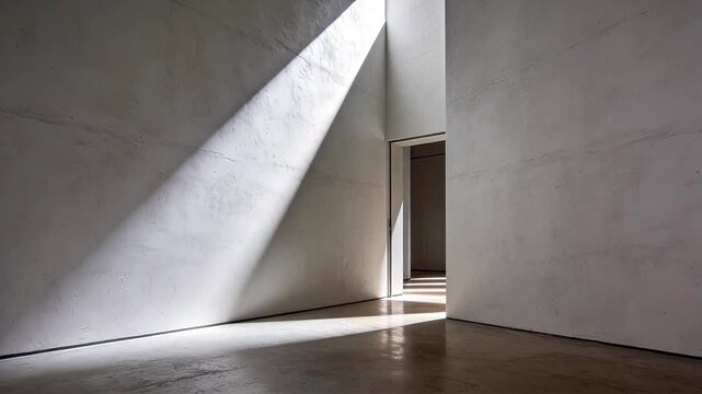 Minimalist concrete interior with diagonal light and doorway