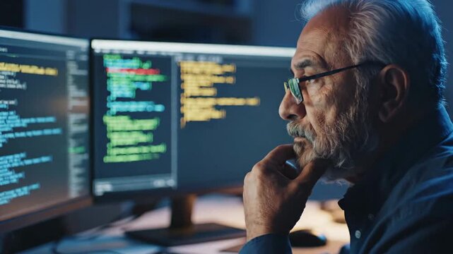Elderly Programmer Deeply Concentrates on Evolving Code Displays