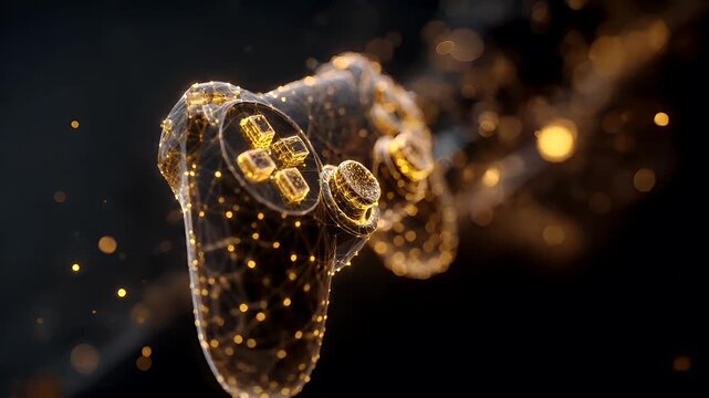 Fun gaming entertainment. A closeup of a golden gaming controller with a digital art style, illuminated by a bokeh effect of golden lights against a dark background.
