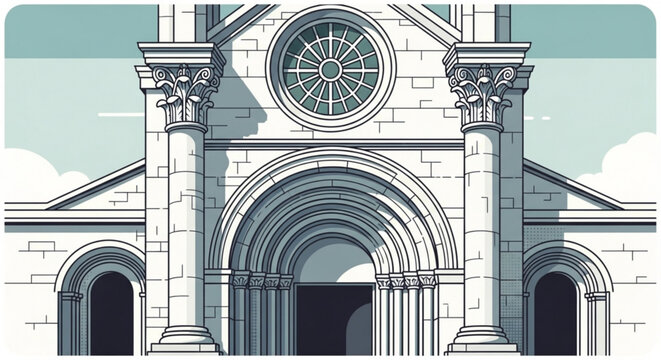 Detailed illustration of a grand stone building with arched entrance and columns set against a cloudy sky