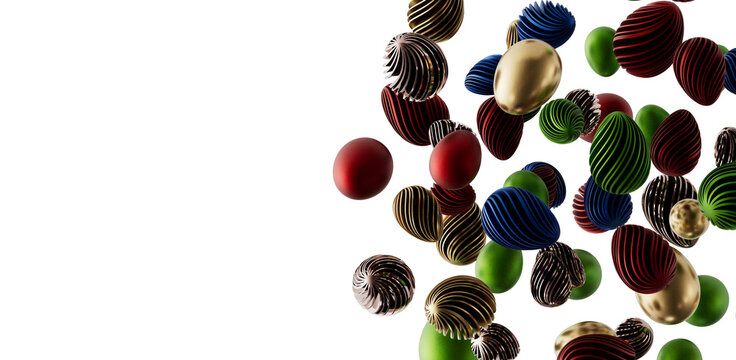 Unique, colorful 3D rendered Easter eggs floating against a clean white background, perfect for holiday concepts and spr
