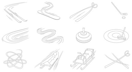 Clean line art vector icons representing essential winter sports, showcasing equipment and athletic movements for activities like skiing, snowboarding, curling, and ice hockey