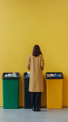 Individual conscientiously sorting waste for recycling into separate bins - positive actions towards waste management vertical - yellow background