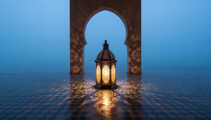 Moroccan lantern with warm golden glow and intricate Islamic patterns, serene Ramadan ambiance.