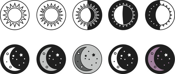 Fototapeta premium Sun and moon phase icon set, astronomy and astrology symbol collection, celestial bodies art